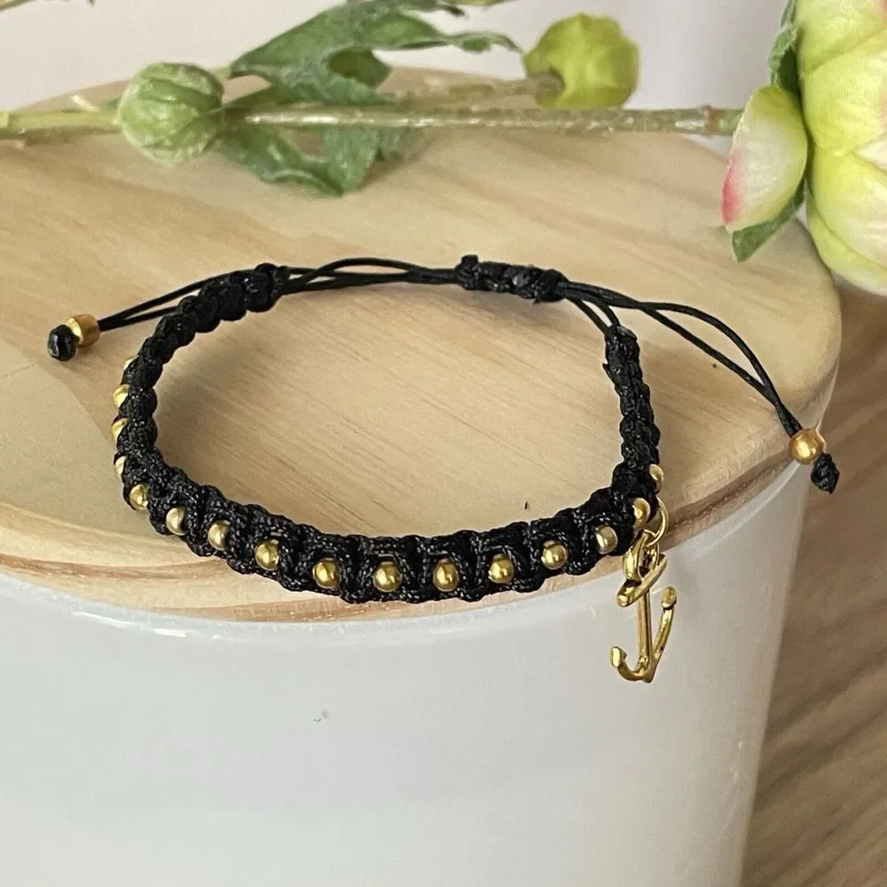 Handmade Black Braided Charm Bracelet Women Mens  Anchor New